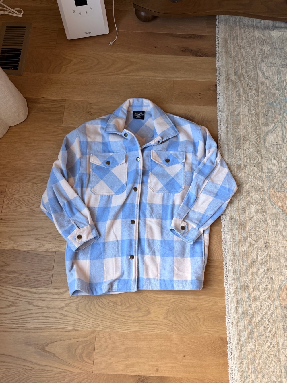 HFX Flannel Shirt Women’s Blue White Buffalo Check Plaid Snap Shacket